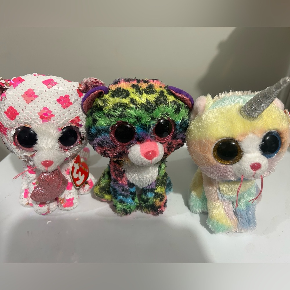 Ty Beanie Boos Lot of 3 - Heather, Dotty & Whitley Flippable Sequin Cat